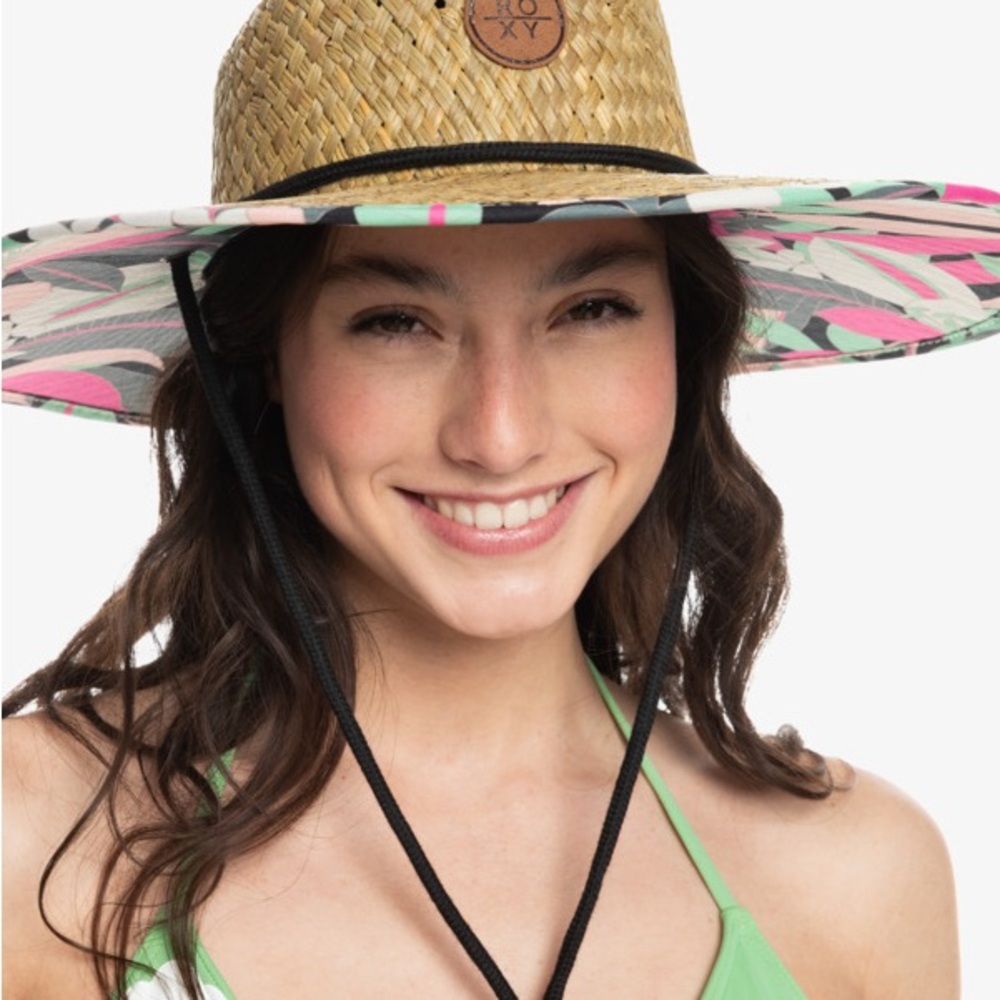 Roxy Tan Straw Hat with Pink and Green Accents